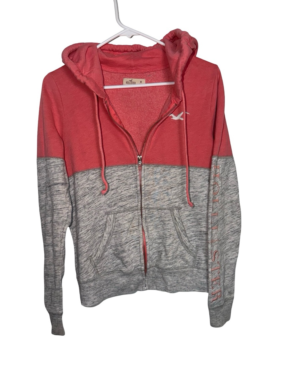 Hollister Two-Tone Zip-Up Hoodie Sweatshirt - Coral and Gray